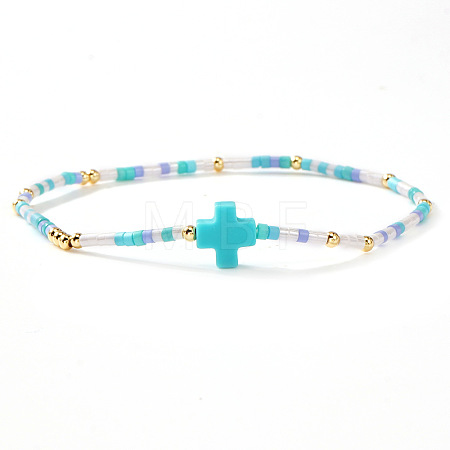 Bohemian Cross Charm Glass Seed Bead & Brass Beads Stretch Bracelet for Women SA4132-8-1