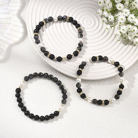 3Pcs 3 Styles Natural Lava Rock & Larvikite & Shell Pearl Beaded Stretch Bracelets for Kids BJEW-JB14097-1
