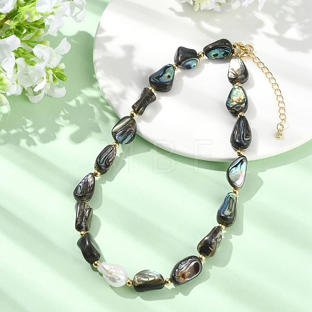 Natural Baroque Keshi Pearl & Nuggets Paua Shell Beaded Necklaces for Women NJEW-JN06006-1