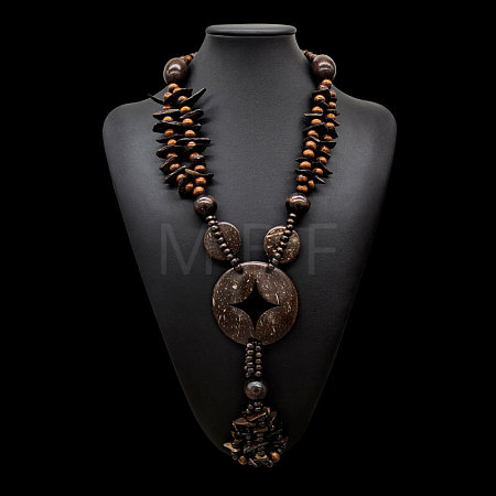 Boho Coconut & Wood Handmade Ethnic Donut Pendant Long Tassel Beaded Necklaces for Beach Vacation WGD9A0D-03-1