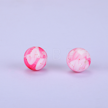 Printed Round with Flower Pattern Silicone Focal Beads SI-JX0056A-171-1