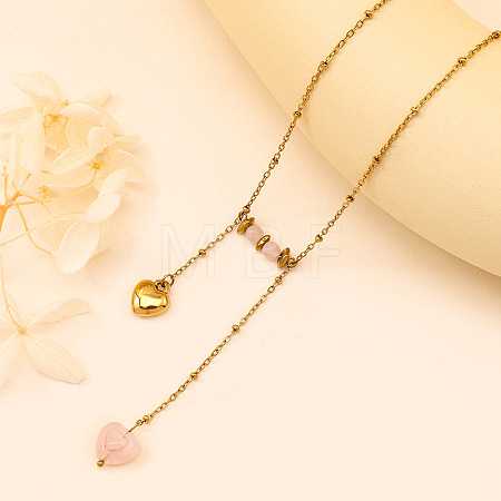 Natural Rose Quartz Heart Pendant 304 Stainless Steel Satellite Chain Necklaces for Women WG27E67-01-1