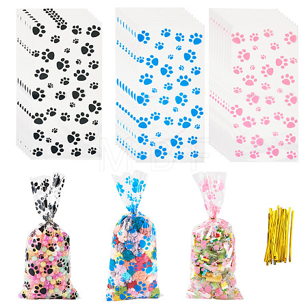 60Pcs 3 Colors Rectangle OPP Cellophane Paw Print Printed Candy Storage Bags ABAG-TA0001-74-1