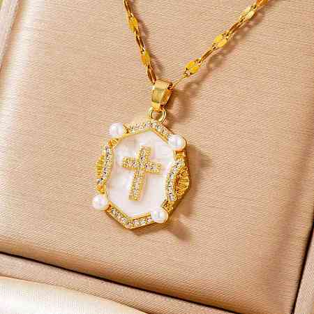 Shiny Retro Brass Micro Pave Clear Cubic Zirconia Oval with Cross Pendant Necklaces with Enamel YR4811-2-1