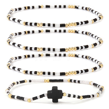 4Pcs Vintage Cylinder Seed Beads &  Brass Beaded Bracelet Sets VC6317-7-1