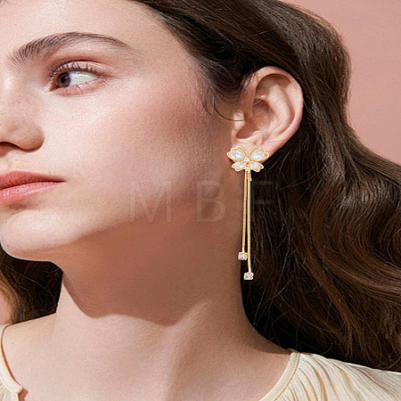 1 Pair Butterfly Brass Clear Cubic Zirconia Tassel Clip-on Earrings EJEW-LP0007-070-1