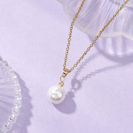 Shell Pearl White Round Pendant 304 Stainless Steel Cable Chain Necklaces for Women NJEW-JN05760-02-1