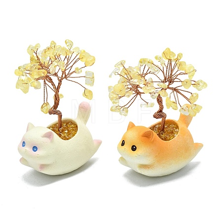 Natural Yellow Quartz Chips Tree of Life Decorations with Cat Display Decorations DJEW-K025-03D-1