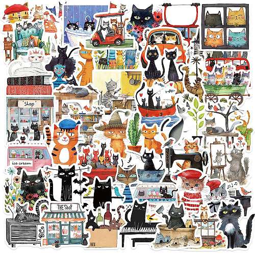 50Pcs Cartoon Cat Paper Self-Adhesive Picture Stickers AJEW-S086-02-1