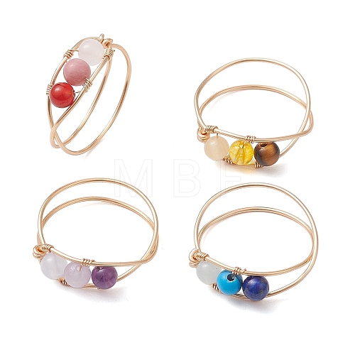 Copper Wire Wrapped Natural & Synthetic Gemstone Round Beaded Finger Rings for Women RJEW-JR00738-1