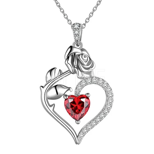 Rhodium Plated 925 Sterling Silver Pave Cubic Zirconia Rose Heart Birthstone Pendant Cable Chain Necklaces PW-WGEE50C-01-1