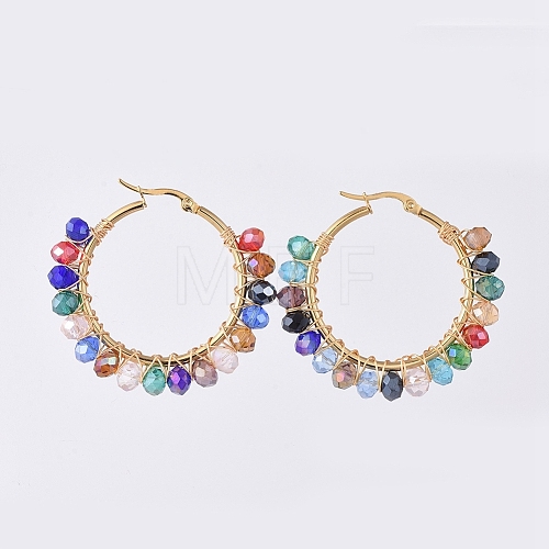 Electroplate Glass Faceted Rondelle Hoop Earrings X-EJEW-JE04021-03-1