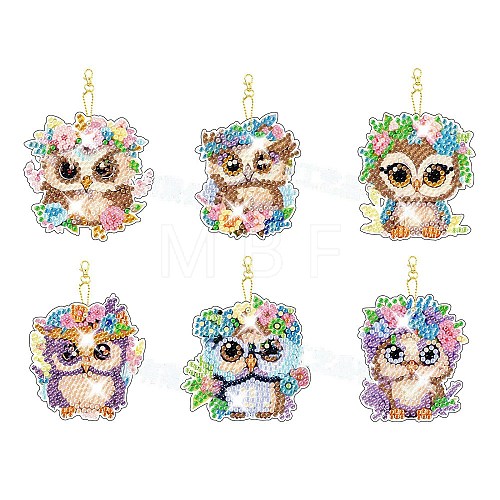 6Pcs DIY Diamond Painting Owl Keychain Kits PW-WG18808-02-1