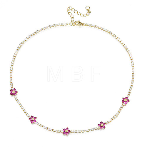 Cubic Zirconia Classic Tennis Necklace with Flower Links NJEW-N048-01E-1