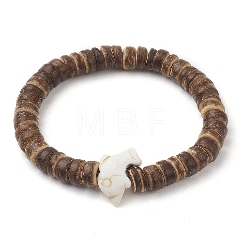 Synthetic Turquoise Dolphin Beads with Natural Coconut Beaded Stretch Bracelets BJEW-JB10213-02-1