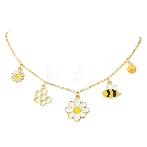 Flower & Bees & Honeycomb Alloy & Glass Pendant Necklaces NJEW-TA00165-1