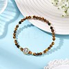 Religion Natural Tiger Eye Beaded Stretch Bracelets with Brass Flat Round with Cross Beads BJEW-JB14360-03-1