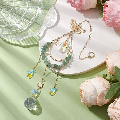 Natural Green Aventurine Chip Wire Wrapped Brass Moon & Butterfly Pendant Decorations HJEW-TA00268-1