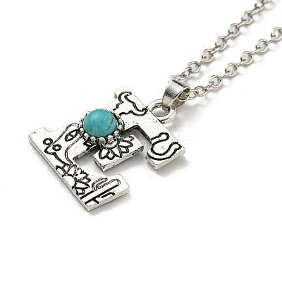 Letter A~Z Antique Silver Plated Alloy with Synthetic Turquoise Pendant Necklace NJEW-G080-01E-1