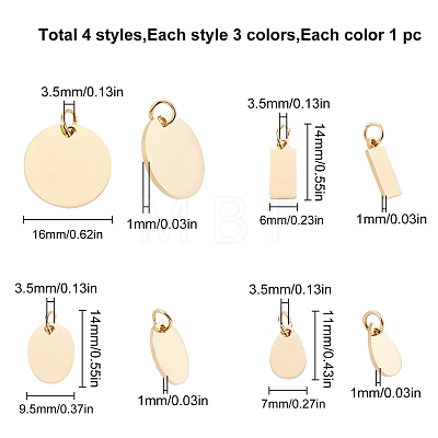 SUNNYCLUE 12Pcs 4 Style 3 Colors 201 Stainless Steel Stamping Blank Tag Charms STAS-SC0002-11-1