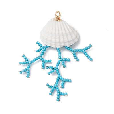 Glass Seed Beaded & Clam Shell Big Pendants PALLOY-MZ01152-02-1