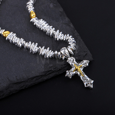 Religion Two Tone Alloy Cross Pendant Synthetic Hematite Chip Beaded Necklaces for Men WG8791E-01-1