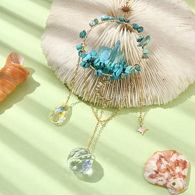 Synthetic Turquoise & Dyed Natural Quartz Crystal with Glass Pendant Decorations HJEW-TA00123-01-1
