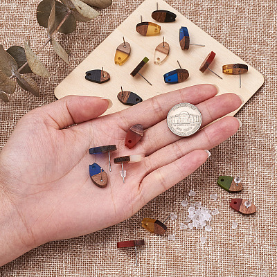 Craftdady 14 Pairs 7 Colors Resin & Walnut Wood Stud Earring Findings MAK-CD0001-03-1