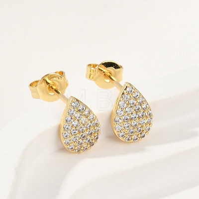 Teardrop Brass Micro Pave Clear Cubic Zirconia Stud Earrings EJEW-Z091-01G-1