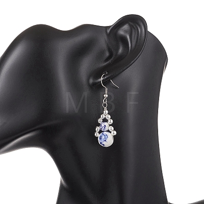 Handmade Round with Flower Printed Porcelain Dangle Earrings EJEW-JE06795-1