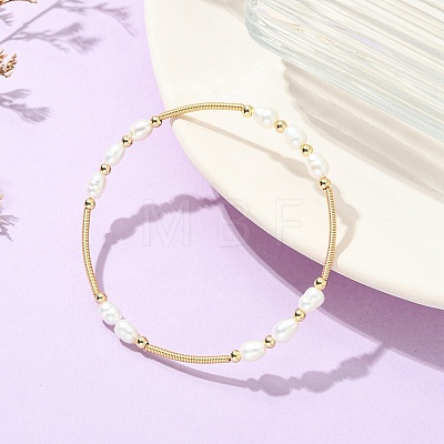 Rice Natural Cultured Freshwater Pearl & Brass Beaded Copper French Wired Bangles BJEW-JB13981-1