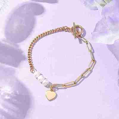 Natural Cultured Freshwater Pearl Beads Paperclip Chains Heart Charm Bracelets with Toggle Clasps for Women BJEW-JB10191-1