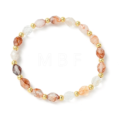 Rice Natural Ferruginous Quartz & Round Brass Beads Stretch Bracelets for Women BJEW-JB13817-1
