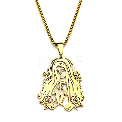 304 Stainless Steel Laser Cut Virgin Mary Pendant Box Chain Necklaces FS-WG69F53-02-1