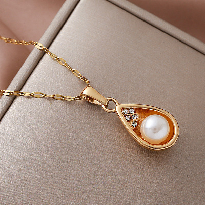 Vintage 304 Stainless Steel & Imitation Pearl Teardrop Pendant Necklaces for Women BR9499-1