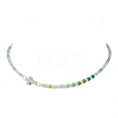 Natural Green Aventurine Faceted Round and Dyed Malaysia Jade & Pearl Beaded Necklaces with Brass Micro Pave Clear Cubic Zirconia Cross NJEW-JN05975-01-1