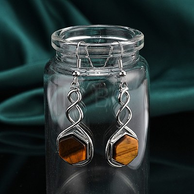 Hexagon Natural Tiger Eye Dangle Earrings EJEW-K298-01P-12-1