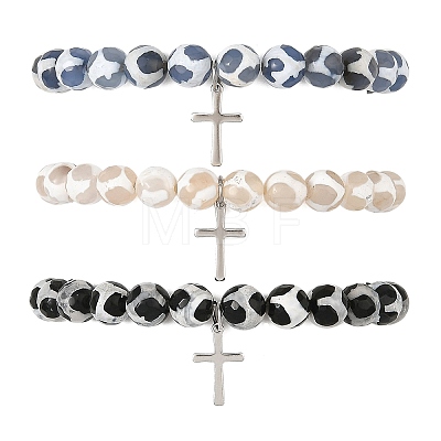 3Pcs 3 Colors Tibetan Style Turtle Back Pattern dZi Round Beaded Stretch Bracelet Sets BJEW-JB14420-1