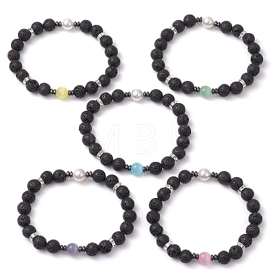 Round Natural Lava Rock & Cat Eye Beads Stretch Bracelets for Women BJEW-JB10986-1