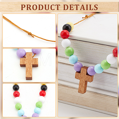 Wood Cross with Acrylic Beaded Pendant Necklaces for Women NJEW-AB00014-1