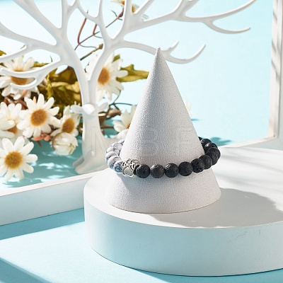 Synthetic Howlite & Natural Lava Rock Round Beaded Stretch Bracelet with Alloy Paw Print BJEW-JB07843-1
