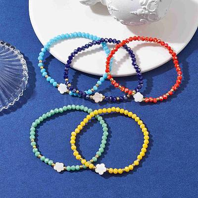 Flower Natural Shell & Glass & Seed Beaded Stretch Bracelet BJEW-JB10183-1