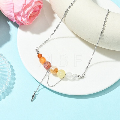 4Pcs 4 Styles Natural Mixed Stone Round Graduated Beaded Pendant 304 Stainless Steel Cable Chain Necklaces for Women NJEW-TA00242-1