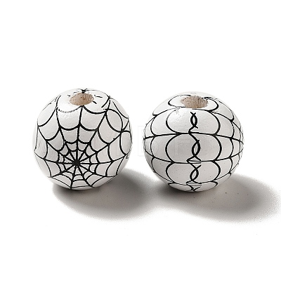 Halloween Printed Spider Webs Colored Wood European Beads WOOD-K007-04G-1