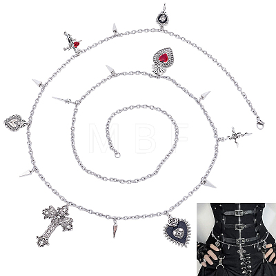 1Pc Gothic Theme Alloy Heart Cross Rose Flower Rivet Pendant Waist Belly Chains NJEW-BM0001-06-1