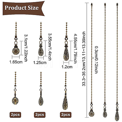 6Pcs 3 Styles Tibetan Style Alloy Ceiling Fan Pull Chain Extenders AJEW-BC0003-47-1