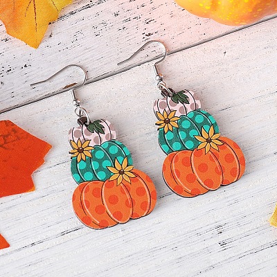 Thanksgiving Day Pumpkin Stainless Steel Wood Dangle Earrings FS-WG285B1-02-1