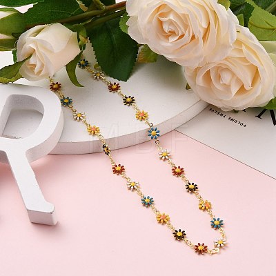 Golden Brass Flower Enamel Links Chain Necklaces X-NJEW-JN03171-01-1