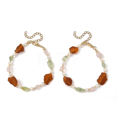 Raw Natural Amber & Rose Quartz Nuggets & Cultured Freshwater Pearl Beaded Bracelets BJEW-JB14288-1