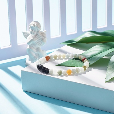 Natural Jadeite & Lava Rock Round Beaded Stretch Bracelet BJEW-JB07572-02-1